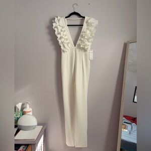 White Bridal Ruffle Shoulder Jumpsuit Deep V Rehearsal Dinner Outfit Size Small